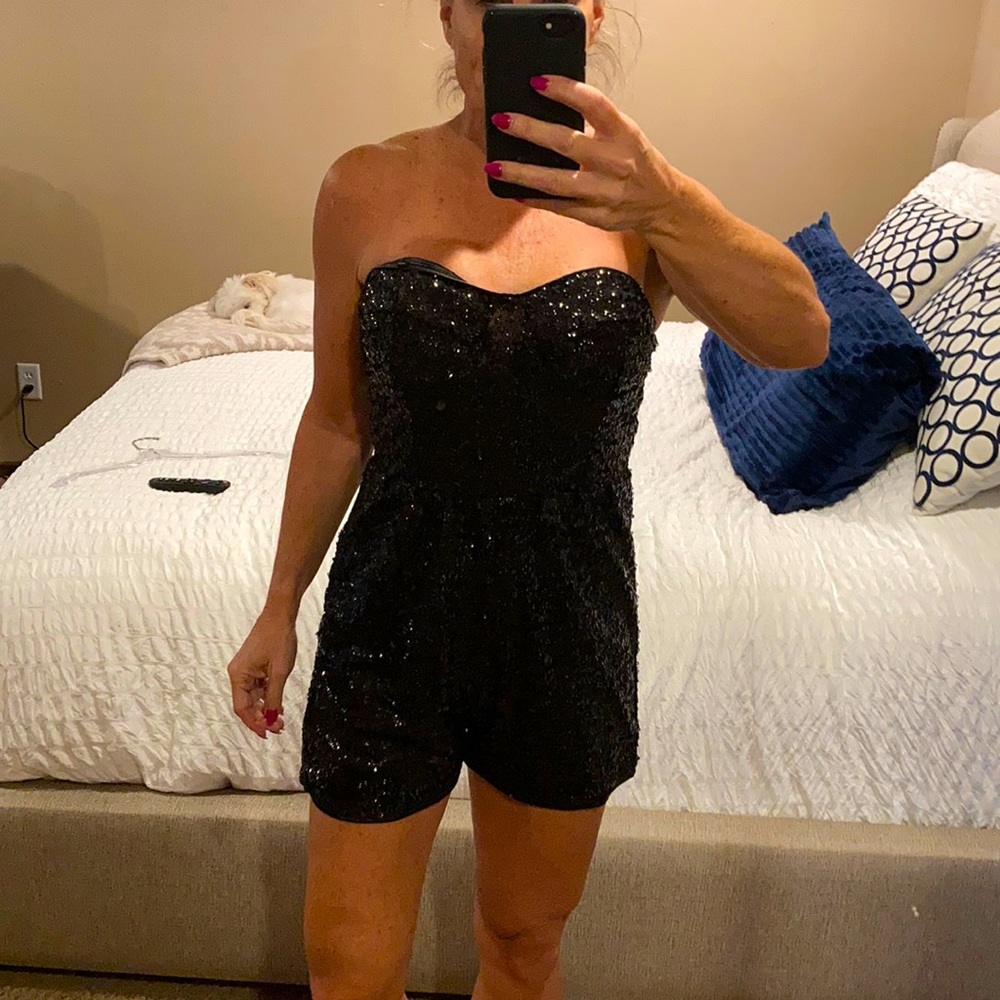 Black strapless sequin romper